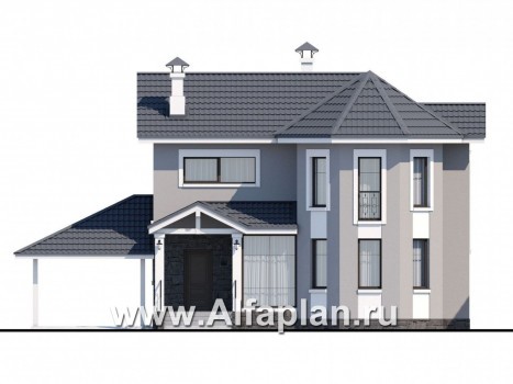 «Веста» - проект двухэтажного дома, с эркером, планировка с гостевой на 1 эт, с навесом на 1 авто - превью фасада дома
