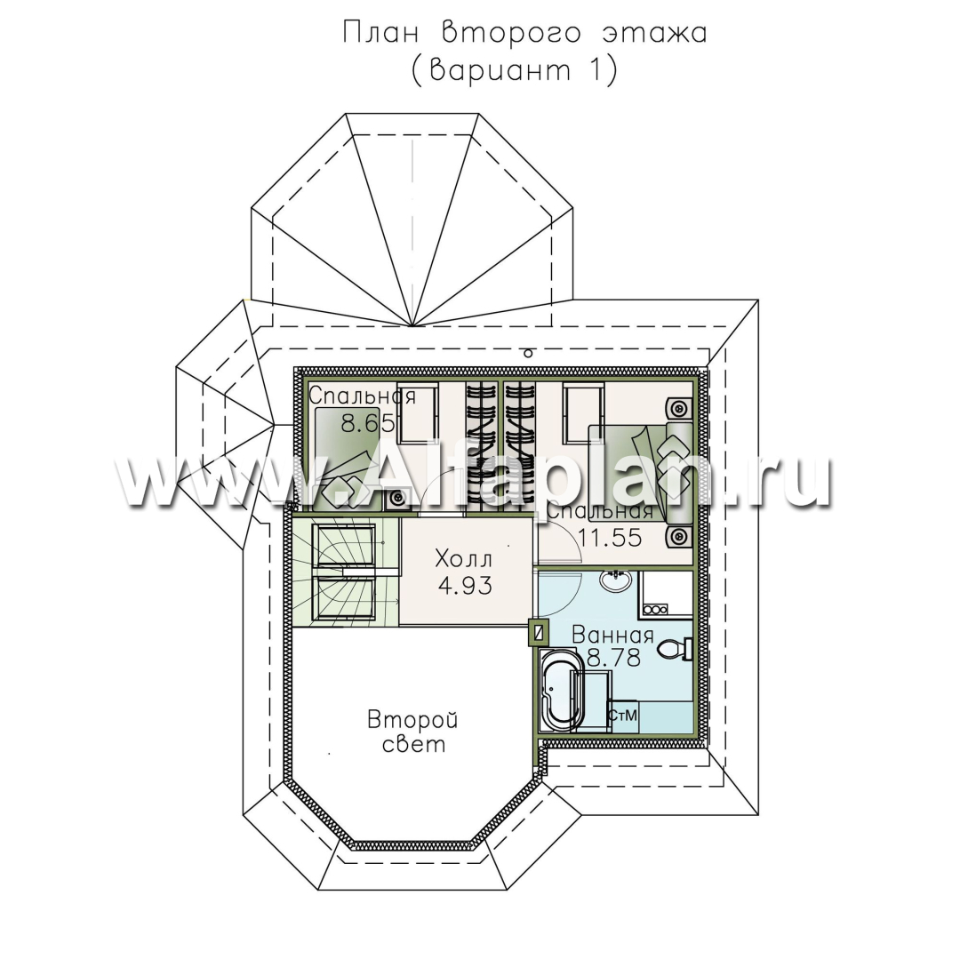 Изображение плана проекта «Душечка» - проект дома с мансардой, планировка со вторым светом в гостиной, с террасой №2