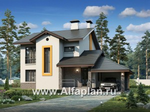 «Скандинавия» - проект современного дома в скандинавском стиле, с фото, планировка с террасой и навес на 1 авто
