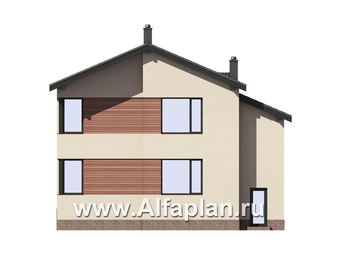 Проект двухэтажного дома, планировка с лестницей в центре, в современном стиле - фасад дома