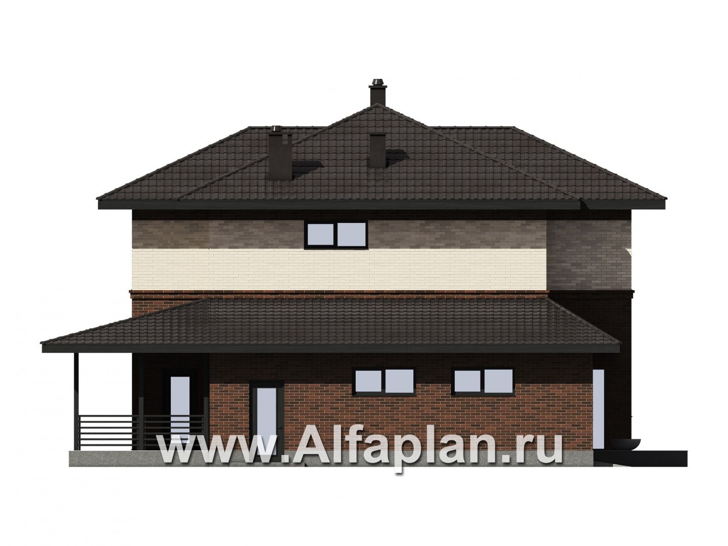 Проект двухэтажного дома из газобетона или кирпича, с террасой и с гаражом, в современном стиле - фасад дома