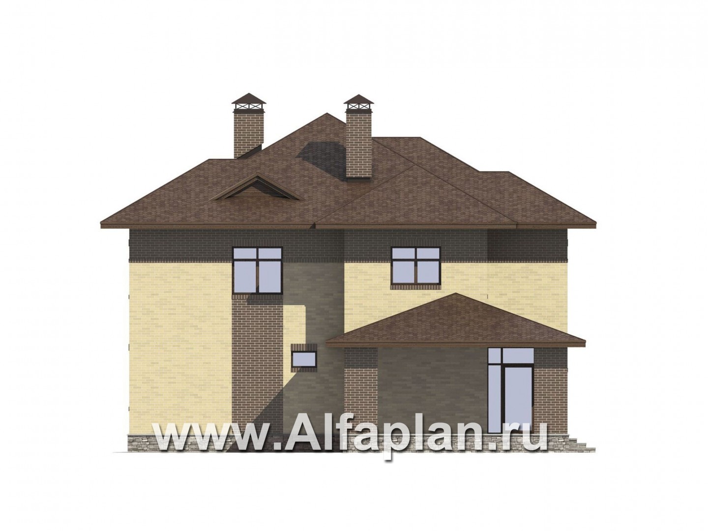 Проект двухэтажного дома, с эркером и с террасой, с навесом для авто - фасад дома