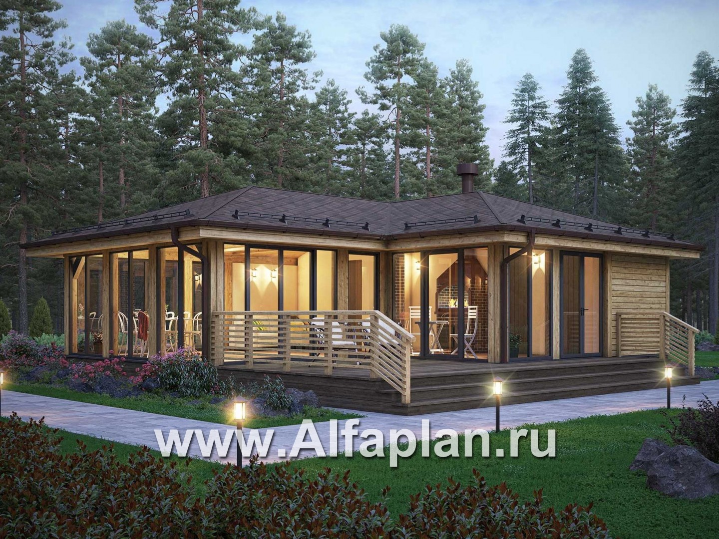 Проект гостевого дома, с большой террасой, спальней и душевой - основное изображение