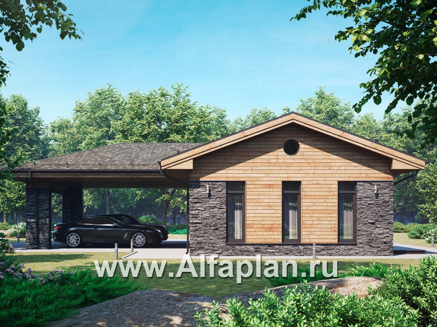 Проект хозблока с котельной и мастерской, с навесом на 2 авто - дизайн дома №2