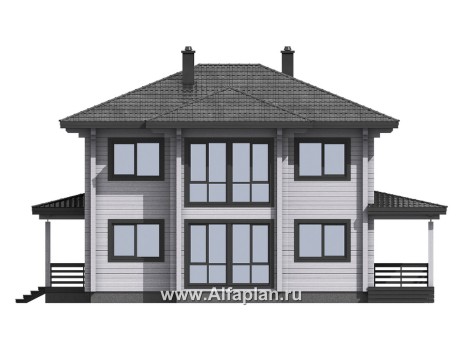 Проект двухэтажного дома из клееного бруса, планировка со спальней на 1 эт, с террасой - превью фасада дома