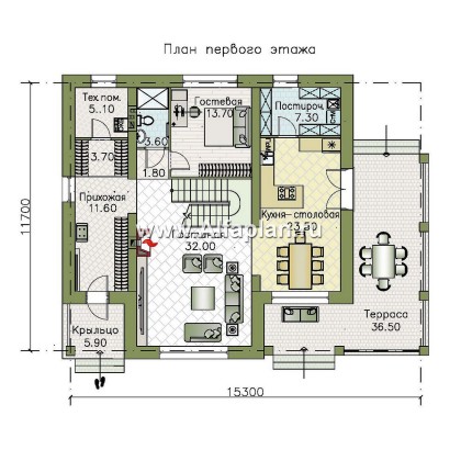 Проекты домов Альфаплан - Проект двухэтажного дома с лестницей в гостиной - превью плана проекта №1