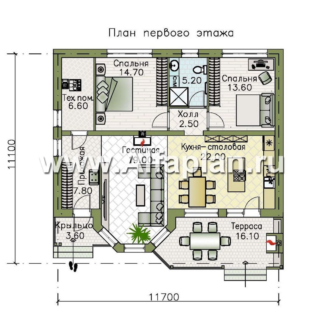 Проекты домов Альфаплан - "Сорренто" - проект одноэтажного дома, две спальни, в средиземноморском стиле - план проекта №1