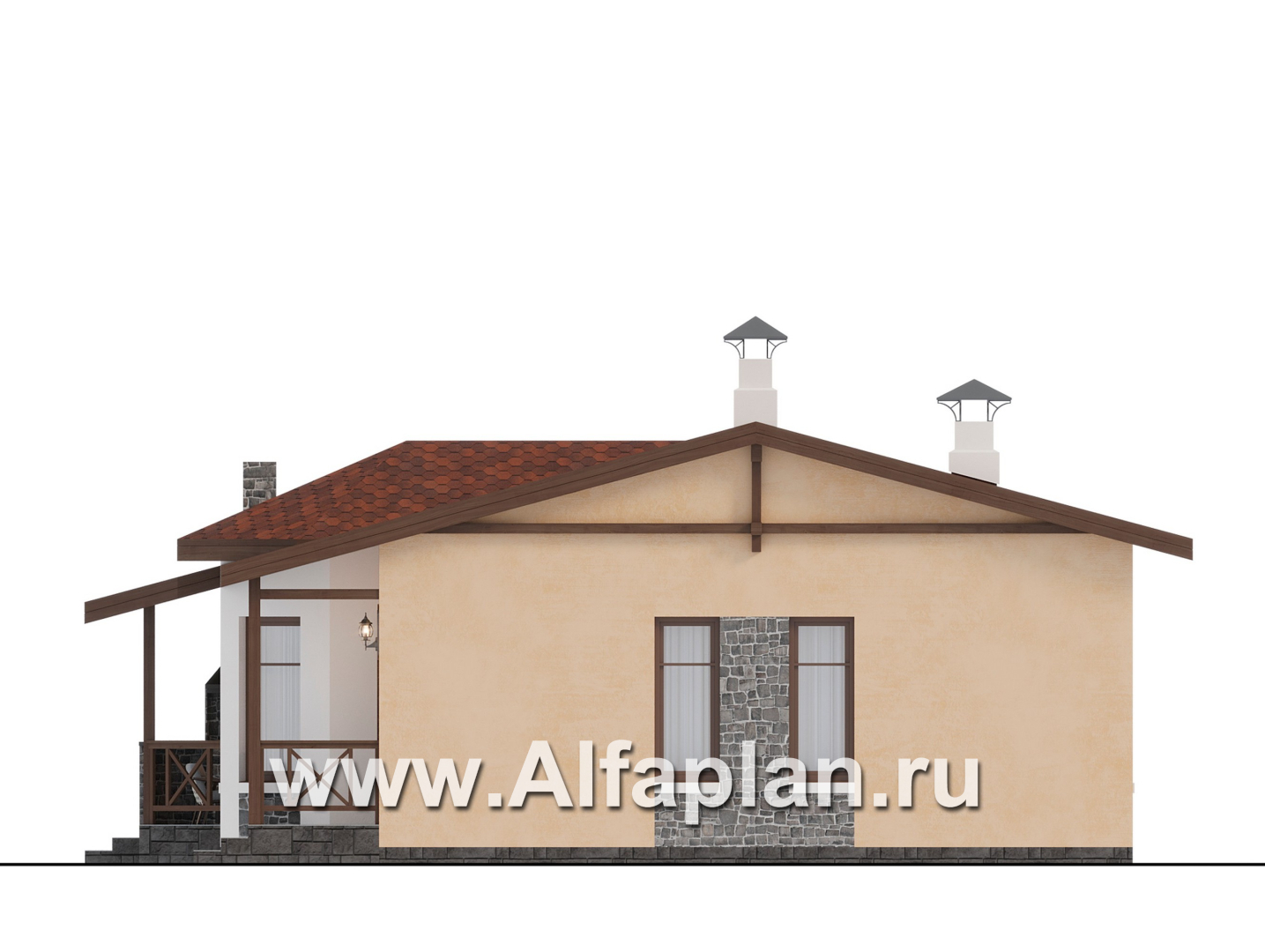 Проекты домов Альфаплан - "Сорренто" - проект одноэтажного дома, две спальни, в средиземноморском стиле - изображение фасада №2