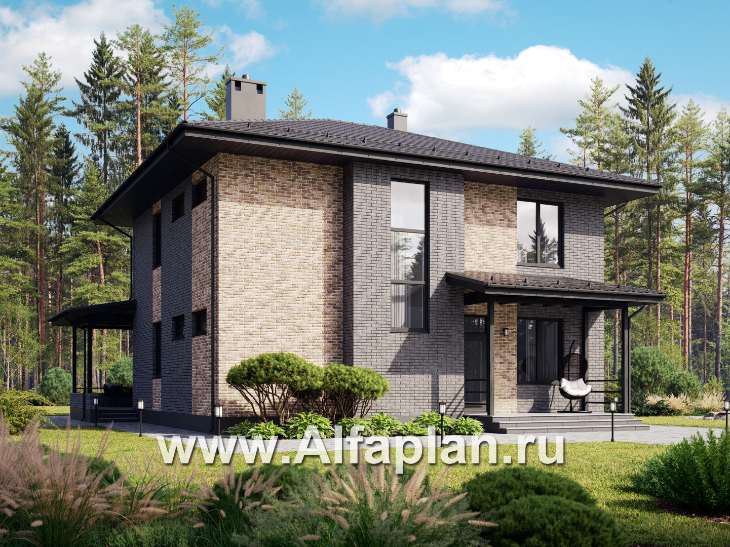 Проект двухэтажного дома, с кабинетом на 1 эт и с террасой, в современном стиле - основное изображение