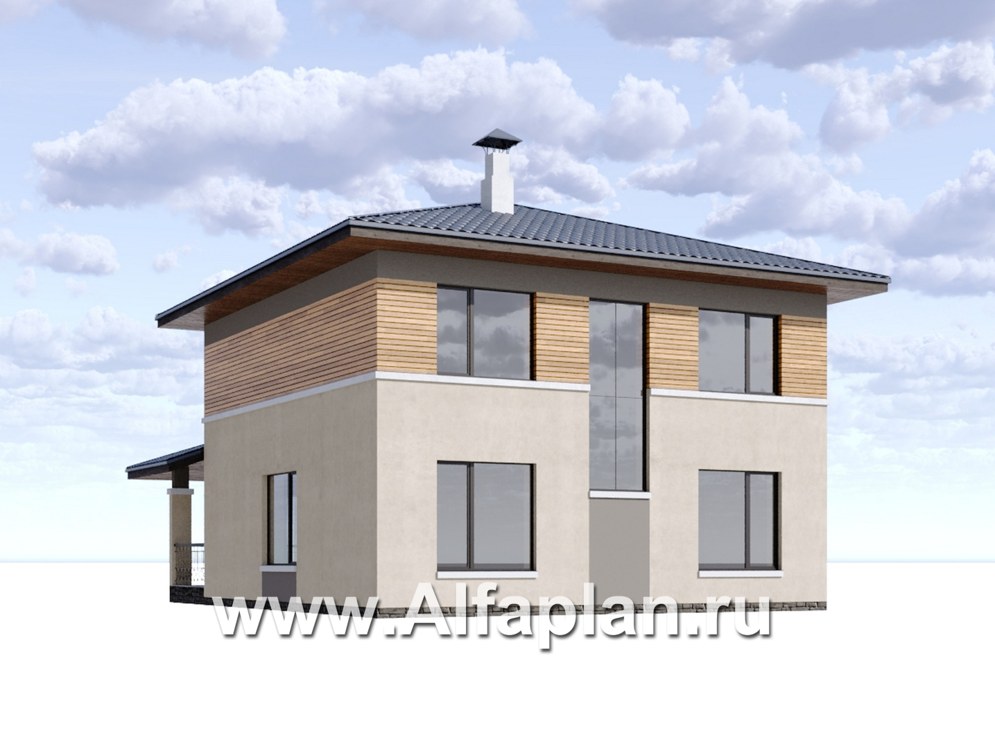 «Невада» - проект двухэтажного дома из газобетона, с террасой со стороны входа, в стиле Райта - дизайн дома №2