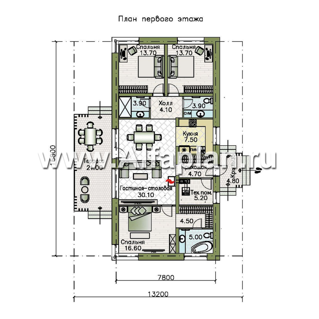 «Алладин» - проект одноэтажного дома, мастер спальня, с террасой и красивым потолком гостиной со стропилами - план дома