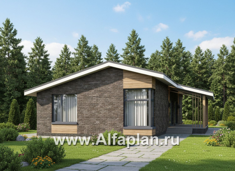 «Алладин» - проект одноэтажного дома, мастер спальня, с террасой и красивым потолком гостиной со стропилами - превью дополнительного изображения №2