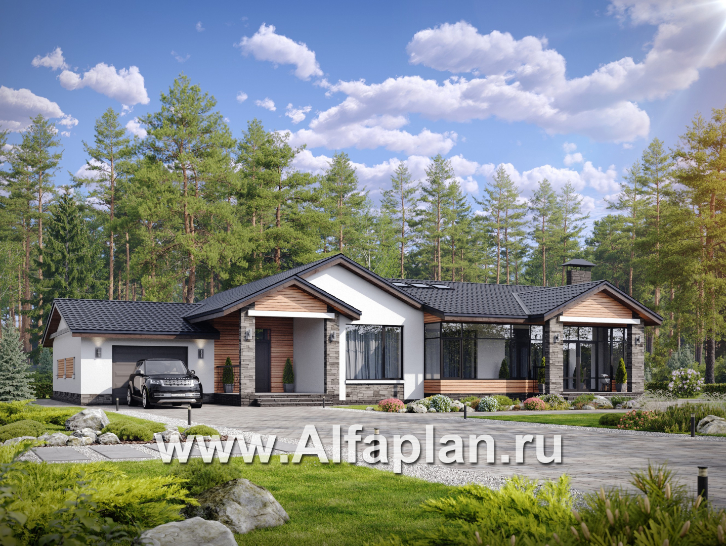 «Альтернатива» - проект современного одноэтажного дома, мастер спальня, с сауной и с террасой - основное изображение