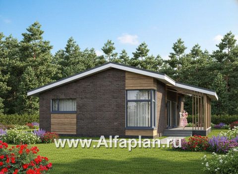 «Алладин» - проект одноэтажного дома, мастер спальня, с террасой и красивым потолком гостиной со стропилами - превью дополнительного изображения №1