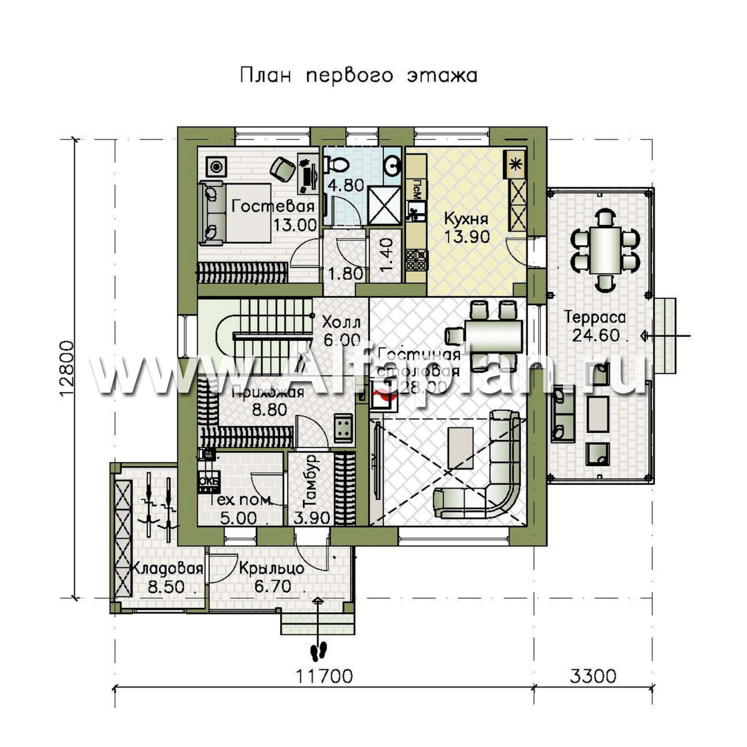 «Чистая линия» - проект дома, 2 этажа, с двусветной гостиной, с террасой, в современном стиле - план дома