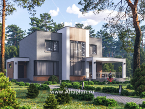 «Селектум» - красивый проект двухэтажного дома, планировка с мастер спальней, двусветная столовая, плоская крыша, в стиле минимализм