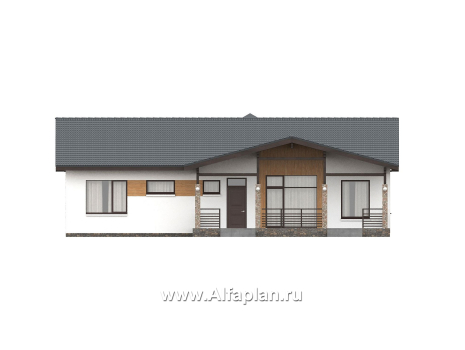 «Золотые поля» - проект одноэтажного дома, планировка мастер спальня и две детских, терраса со стороны входа - превью фасада дома