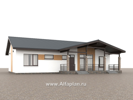 «Золотые поля» - проект одноэтажного дома, планировка мастер спальня и две детских, терраса со стороны входа - превью дополнительного изображения №1