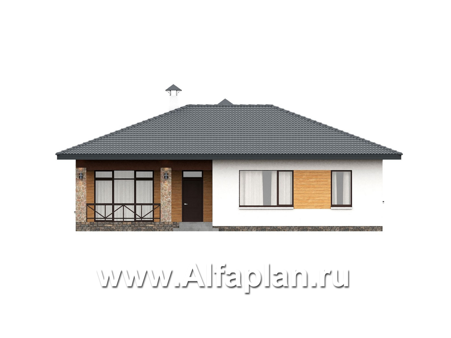 «Глория» - проект одноэтажного дома, терраса со стороны входа, планировка мастер спальня, 3 спальни - фасад дома