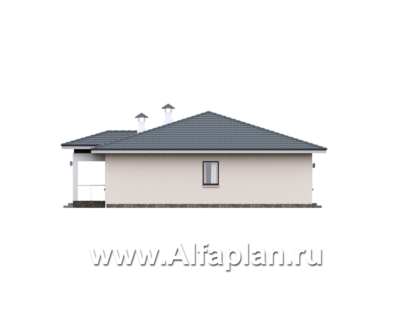 «Serenity» - проект одноэтажного дома, c террасой, планировка мастер спальня, гардероб и постирочная, 4 спальни - фасад дома