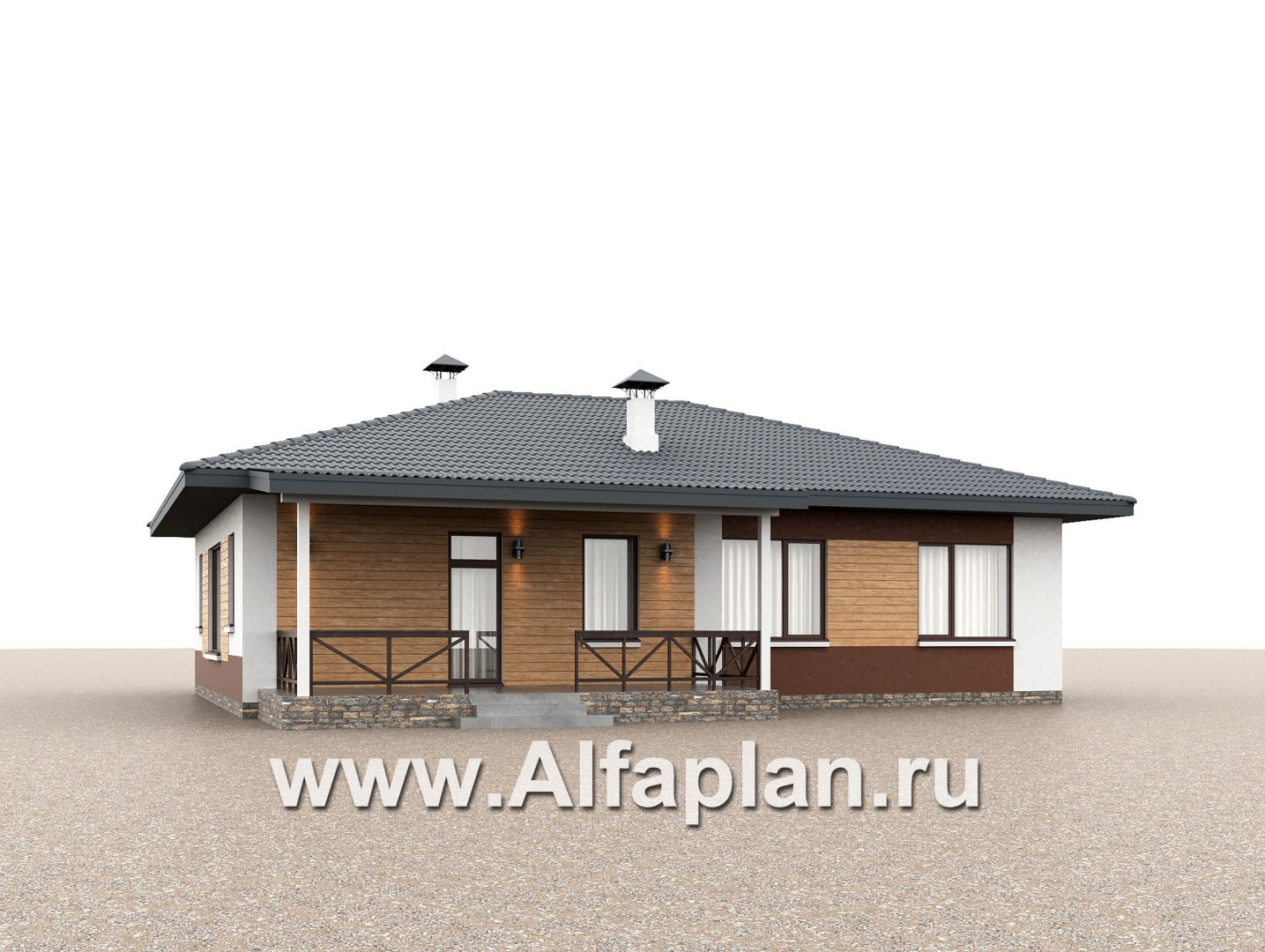 «Глория» - проект одноэтажного дома, c террасой, планировка мастер спальня, гардероб и постирочная, 3 спальни - дизайн дома №3