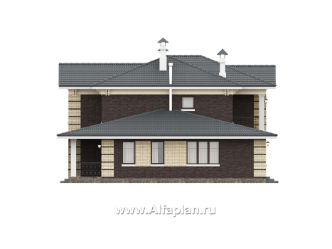 «Репутация» - красивый проект двухэтажного дома из газобетона, планировка с эркером и сауной, в английском стиле - превью фасада дома