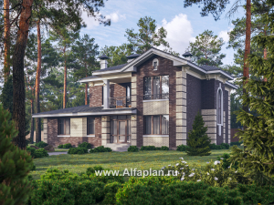 «Репутация» - красивый проект двухэтажного дома из газобетона, планировка с эркером и сауной, в английском стиле
