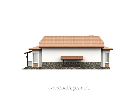 «Ной и команда» - проект полутораэтажного коттеджа, планировка мастер спальня, с эркером и с террасой, с сауной в цоколе  - превью фасада дома