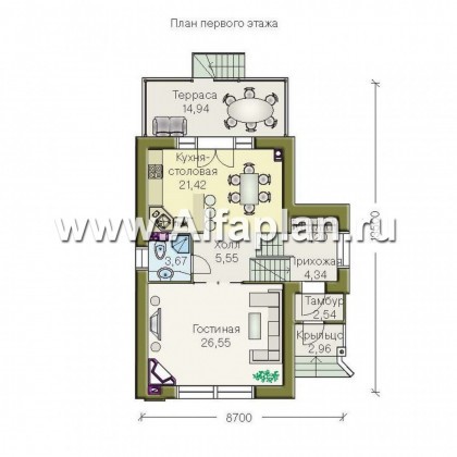 «Экспрофессо» - проект двухэтажного дома, сауна в цокольном этаже, для узкого участка - превью план дома