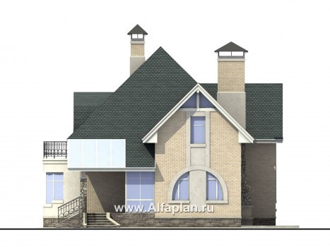 «Свой остров» - проект дома с мансардой, планировка с полукруглым эркером и зимним садом - превью фасада дома