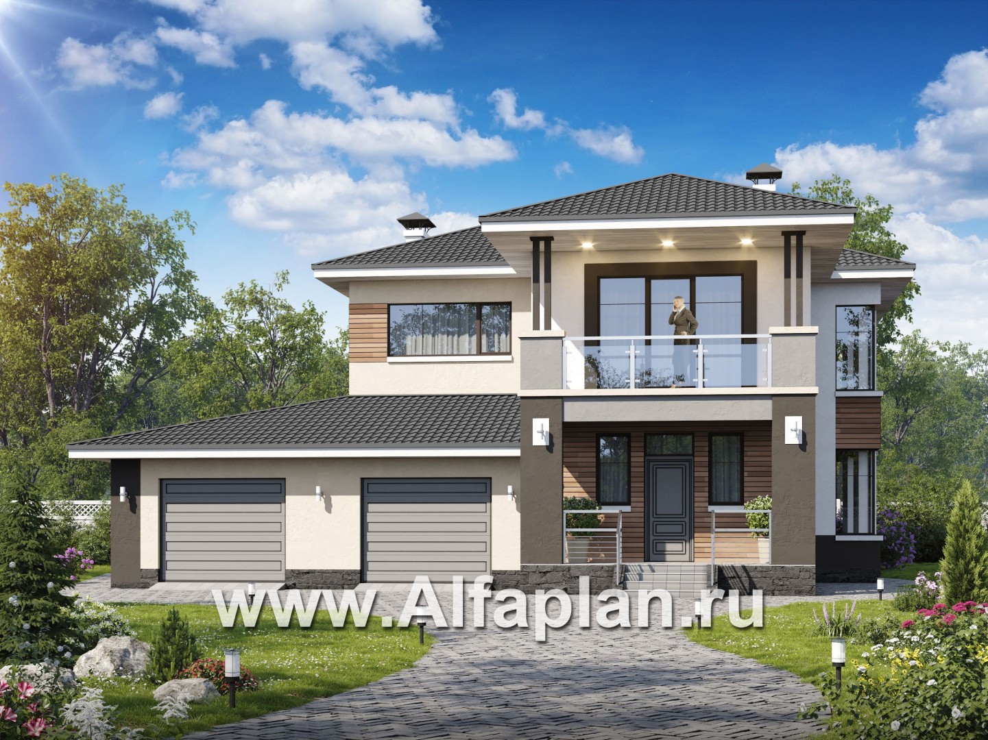 «Акварель» - проект двухэтажного дома в современном стиле, мастер спальня, с террасой и гаражом на 2 авто - основное изображение