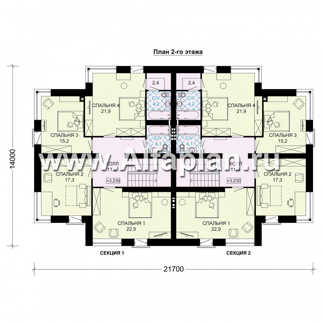 Проект двухэтажного дома,  таунхаус на 2 семьи, в современном стиле - план дома