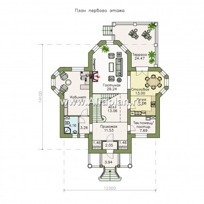 «Головин»-проект двухэтажного дома из газобетона, планировка с лестницей в центре и вторым светом, в классическом стиле - превью план дома