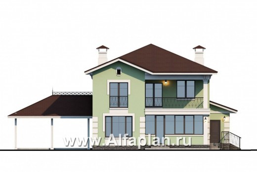 «Кваренги» - проект двухэтажного дома, с сауной, с террасой и просторной лоджией, навес  на 2 авто - превью фасада дома