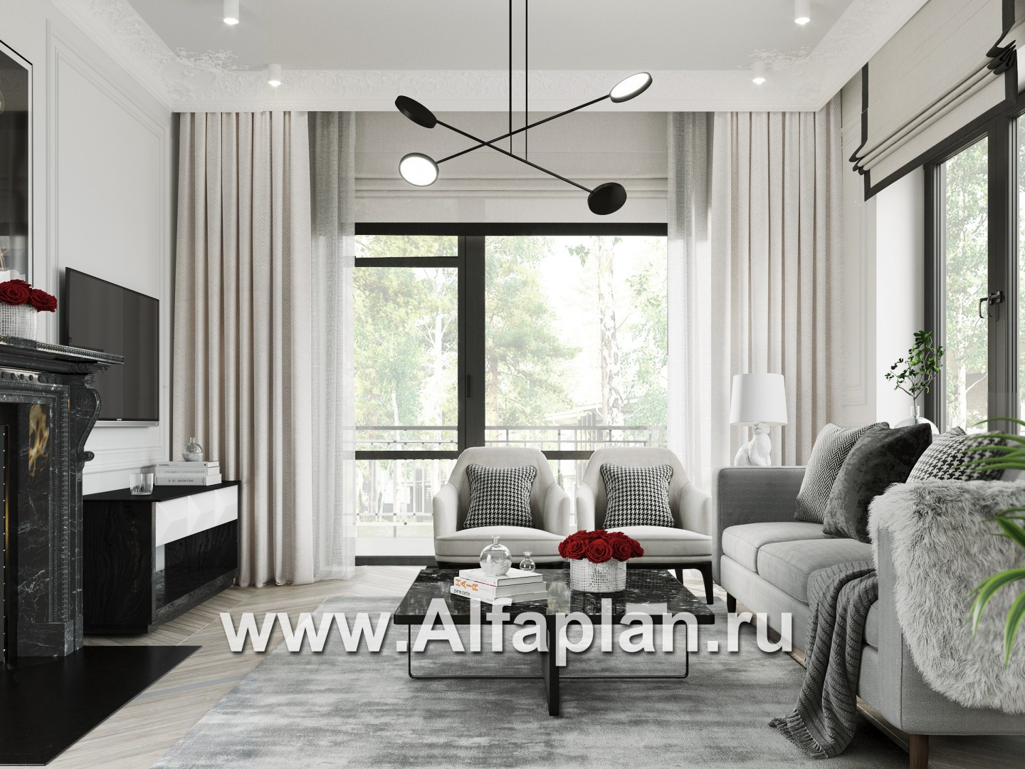 Проект дома с мансардой, 3 спальни, открытая планировка с камином и эркером, гостевая комната на 1 эт и гараж на 1 авто - дизайн дома №1