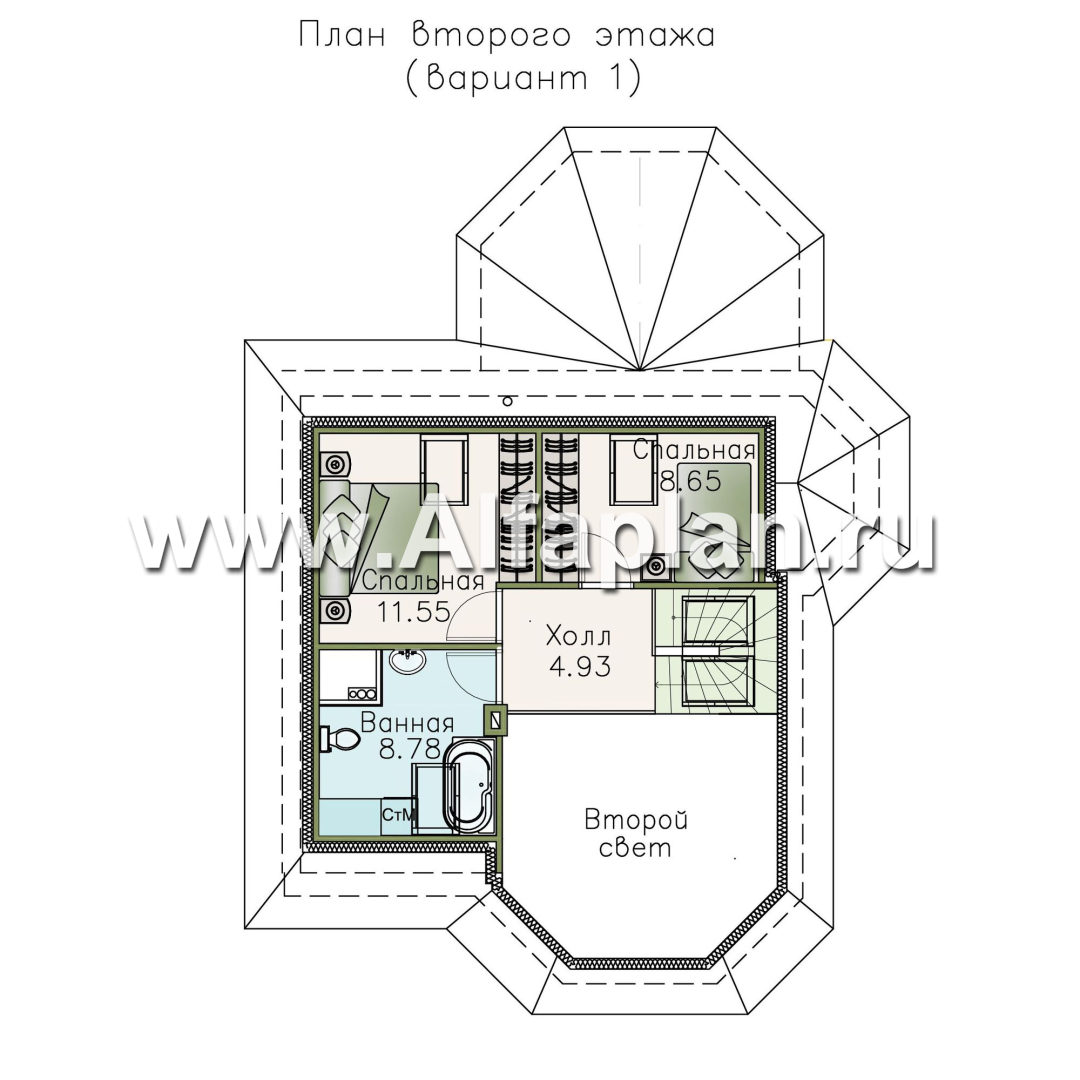 Изображение плана проекта «Душечка» - проект дома с мансардой, планировка со вторым светом в гостиной, с террасой №2