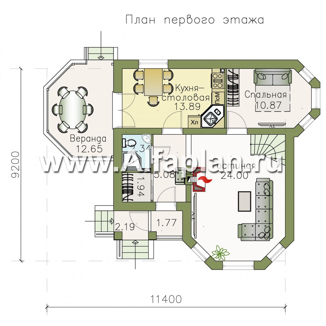Изображение плана проекта «Душечка» - проект дома с мансардой, планировка со вторым светом в гостиной, с террасой сбоку №1