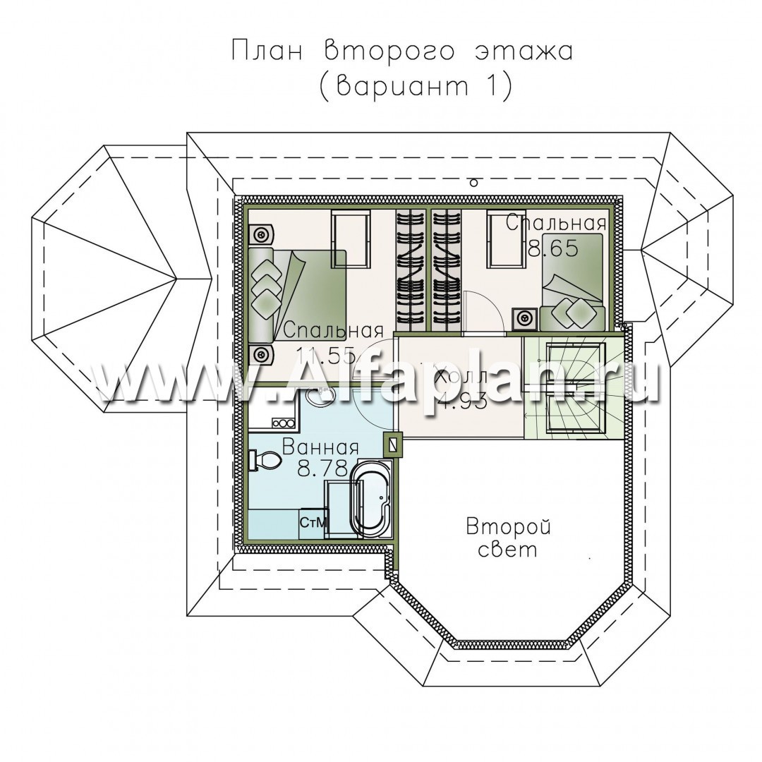 Изображение плана проекта «Душечка» - проект дома с мансардой, планировка со вторым светом в гостиной, с террасой сбоку №2